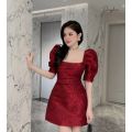 Váy gấm cổ vuông tay bồng hàng thiết kế - Anna.Store. 