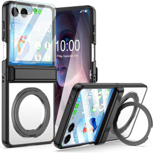 for Samsung Z Flip 8 CaseZ Flip 7 Case ClearCompatible with MagSafe360 Rotate Ring Kickstand & Screen Protector & Hinge Protection Plating Hard Shockproof Protective Phone Case for Galaxy Z Flip 7 Fe CaseZ Flip 6 CaseZ Flip 5 Case