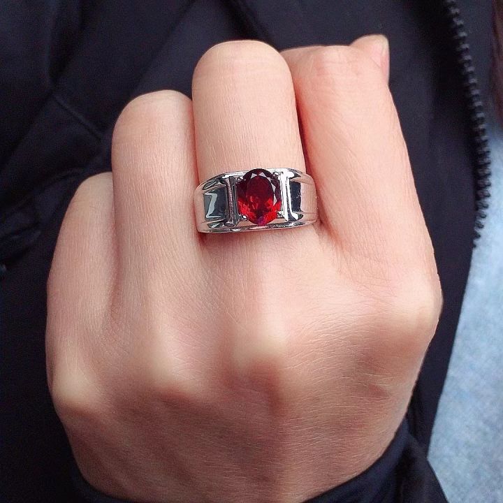 Uenjoyment 2ct Natural Garnet Stone Men Ring Wear Garnet Silver