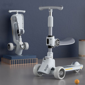 BEIGE Skuter Anak 3IN1 Mainan Roda Tiga Musik Lampu Skuter Mainan Lipat 2-12 Tahun