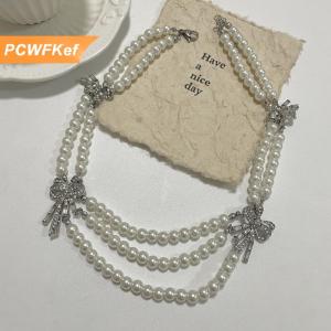 【PCWFKef】 Vòng cổ ngọc trai thanh lịch và bông tai thiết lập với bướm Knot retro phong cách Pháp nhiều lớp chuỗi xương đòn Vòng cổ