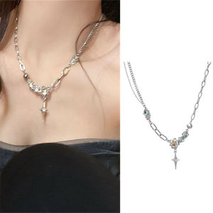 [fenggongshuode] Trendy Bling Moonstone Star Cross Pendant Necklace For Women Punk Hip Hop Necklace Party Y2K Jewelry Gift