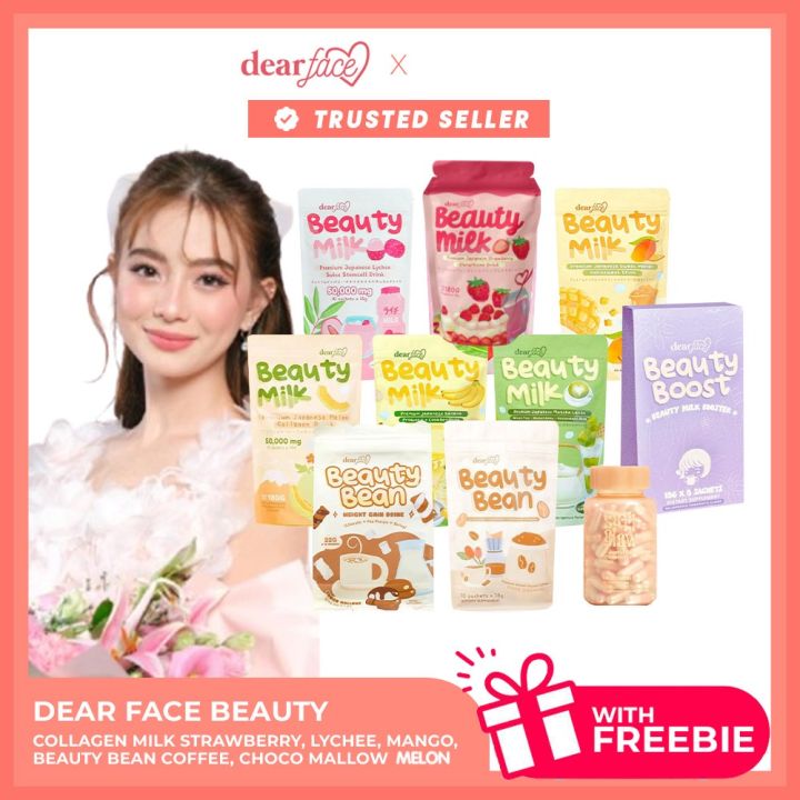 Dear Face Beauty Milk Collagen Drink, Strawberry, Lychee, Mango, Beauty Bean Coffee, Choco Mallow, Beauty Drunk [ORIGINAL] (Melon Flavor and Strawberry Flavor, Beauty Bean Coffee, Lychee) 100% ORIGINAL