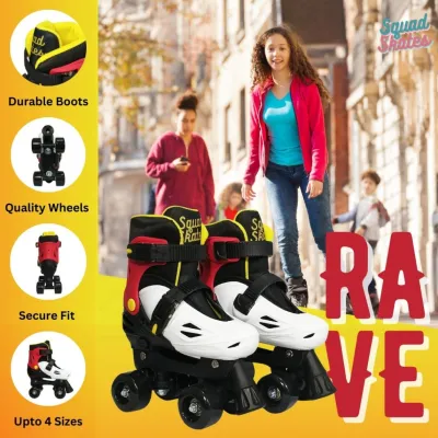 Squad Skates Rave Adjustable Quad Skates for Kids (XS/EU27-EU30 to L/EU39-EU42)-Black/White/Red