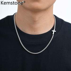 Kemstone Mens Stainless Steel Side Cross Pendant Necklace with Box Chain Minimalist Style