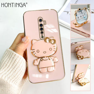Hontinga Casing Case For OPPO Reno2 F Reno 2F RenoZ Reno 2 Reno 3 Pro 5G/4G Reno3 4G Case With Hello Kitty Stand Fashion Solid Color Luxury Chrome Plated Soft TPU Square Phone Case Full Cover Camera Protection Casing Anti Gores Rubber Cases For Girls