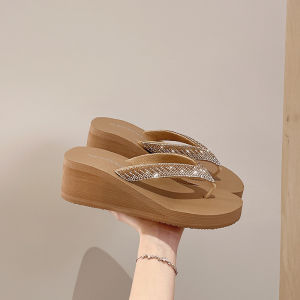 [Free Shipping] Fashionable Rhinestone Flip-Flops For Women Summer Outdoor Wear Thick-Soled Height-Increasing Wedge Heel Non-Slip Beach Sandals