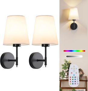2Pcs/Pack Wireless Wall Lights Indoor Rechargeable Battery Wall Sconce with Remote Control RGB Color Changing Dimmable LED Bulb Modern Fabric Shade for Bedroom Room