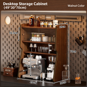 3-Tier Tabletop Coffee Station Shelf with Transparent Fluted Glass Cabinet Wooden Desktop Storage Organizer for Coffee Machine Cup Spice Living Room & Kitchen Counter