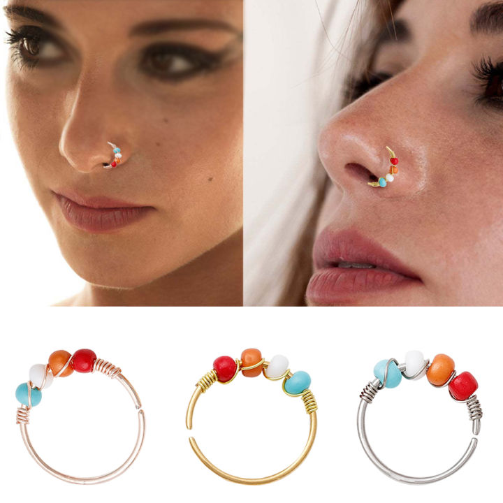 1pc Fashion Retro Round Beads Gold Color Nose Ring For Women