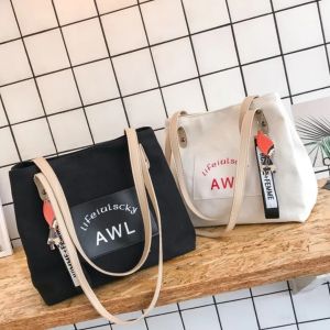 Tote Bag Wanita Cute Korean Style Canvas Pakai Resleting Kekinian Trendy