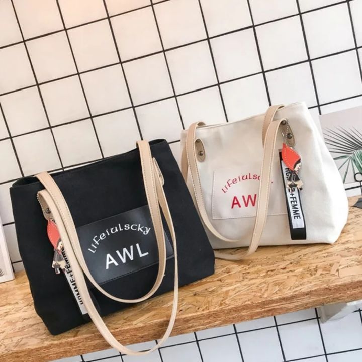 Tote Bag Wanita Cute Korean Style Canvas Pakai Resleting Kekinian