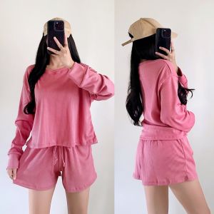 Sunny&Co Waffle Fabric Long-Sleeved Loose Top and Shorts Set