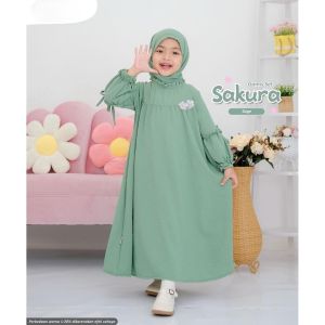Gamis Muslimah Anak Perempuan Sakura Kids Syari Set Phasmina Bahan Crinkcle Airflow Usia 3-13 Tahun