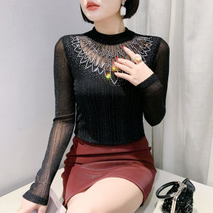 YIMEI Autumn and Winter New High Elastic Mesh Womens T-shirt Fashion Heavy Industry Lace Hot Diamond Red Top Slim Fit Versatile Long Sleeve Striped Bottom Shirt 2025