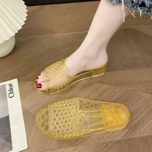[Free Shipping] Korean-style beach sandals for women summer outdoor hollow-out womens slippers home use plastic open-toe crystal wedge anti-slip sandals