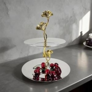 FFBH Nordic Modern Snack Plates Minimalist Round Double‑Tier Stainless Steel Metal Ginkgo Leaf Fruit Plates Household Tableware 9T1N6