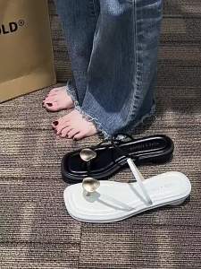 [Free Shipping] Womens Summer Fashion Silver Toe-Loop Roman Sandals for Outdoor Wear Versatile High-Heeled Beach Slippers to Match Skirts