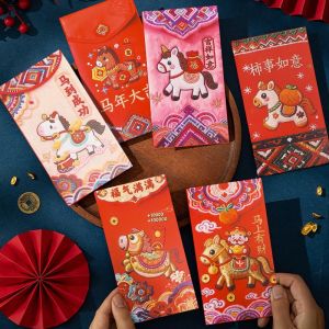 YESPERY 6Pcs 2026 Horse Year Red Envelopes Imitation Embroidery Red Packet Cartoon God of Wealth Lucky Money Bag Chinese New Year Ang Pao