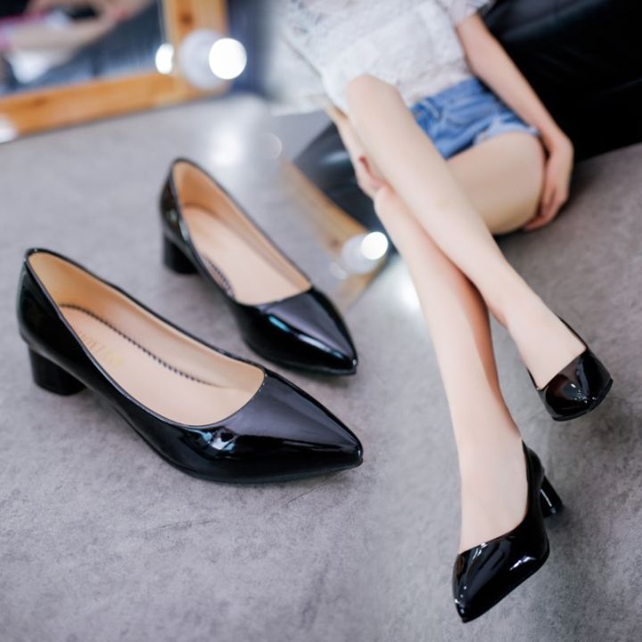 Women's Low Heels Leather Patent Leather Pointed Toe Chunky Block Heels ...