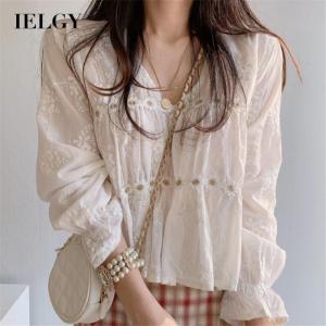 IELGY Womens clothes tops V-neck simple small daisies fashion white versatile long sleeves loose