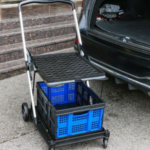 Folding Shopping Cart with Storage Box 2 Layers with Brakes Courier Cart Portable Outdoor Blue Trolley Large Capacity Outdoor Grocery Cart