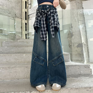 Little RD Kids Jeans For Girls American Street Dance Style 2025 Autumn Little Girls Fashionable Butt Curtain Workwear Wide Leg Pants Trendy