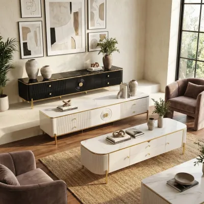 Luxury Fluted TV Console - White Sintered Stone or Black Tempered Glass Top - Modern Living Room Cabinet