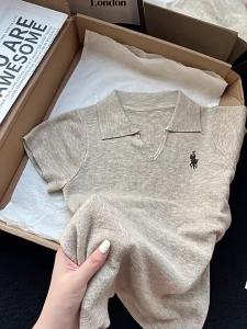Womens summer thin lightweight and elegant short-sleeved knit top with a small horse embroidery collar slim fit and versatile design