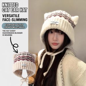 MAKERVY Cat Ear Knitted Woolen Cap Thickened Windproof Winter Pullover Hat Casual Fell Island Style Ear Protection Cap for Women Girls