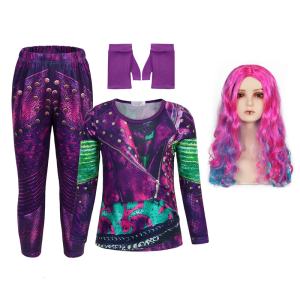 4Pcs Descendant Costume Cosplay Halloween Costume Mal Evie Shirt Pants Gloves Wigs Disguises Mal Costume Accessories