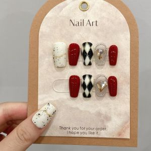 [HANDMADE]Artificial Nail Burdy Girly Rhombus Plaid Short Phototpy Nails Fake Nails Reusable and Removable Nails