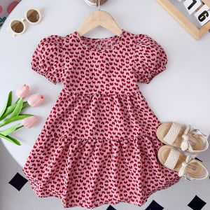 Bear Leader Baby Girl Korean Version Leopard Love Print Princess Dress Summer Puff Sleeves Girls Casual Clothes 2-7 Years Kids Fashion Wear