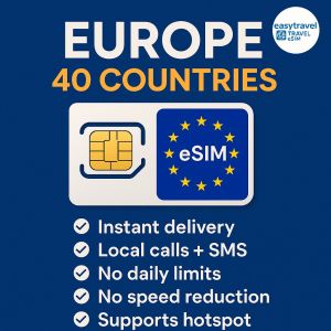 Europe eSIM 40 Countries Data + Call Supports Hotspot 5G/4G High Speed Data 30 Days 20GB/50GB/100GB
