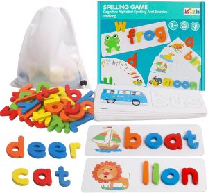 Read Spelling Learning Toy Wooden Educational Developmental Toy Sight Words and Spelling Skills with 28 Double - Sided Cognitive Cards and 52 Letters Great Gift for 4 5 6 Years Girl Boy