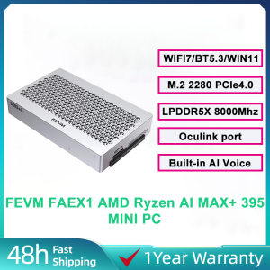 FEVM FAEX1 AMD Ryzen AI MAX+ 395 LPDDR5X 8000Mhz AMD Radeon 8060S(40CU) Built-in Al Voice interaction Oculink Port 3xM.2 2280 PCIe4.0 SSD WIFI7 BT5.4 WIN11 MINI PC