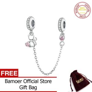 BAMOER Pet Cat Heart Safety Chain with Silicone 925 Sterling Silver Charm for Bracelet & Bangle DIY Jewelry Accessories SCC1233