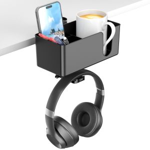 4/5 in 1 Desk Cup Holder - Clamp on Under Desk Headphone Hanger - Rotating Headphone Holder Detachable Pen Cup Holder Desk Storage for Cup Phone and Pen