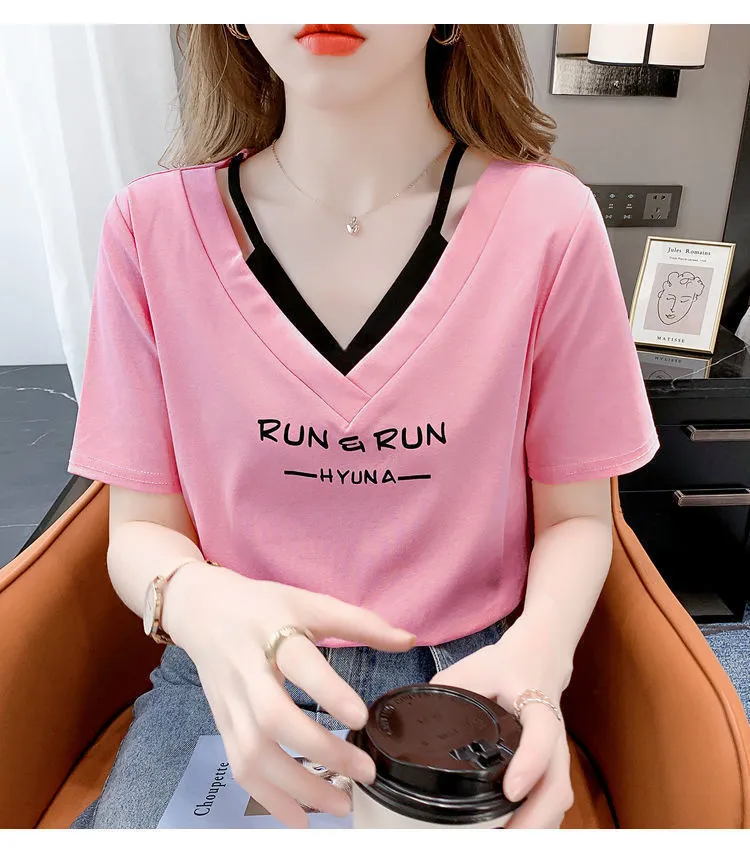 V Neck T Shirt Women New Design Fashion Tops Summer Short Sleeve Tee Casual  Korean Tshirt Polyester