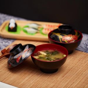 OKKFINE Soup Container Miso Soup Bowl Maple Leaf Double Color Japanese Rice Bowl With Lid Japanese Flower Bowl Dining Accessories