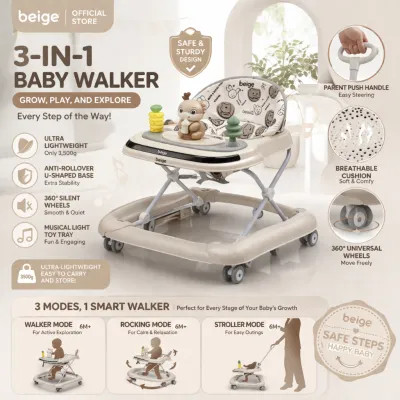 Beige Walker for Baby Girl Boy 3 in 1 Baby Walker Rocking Horse Push Walker Anti Rollover Indoor