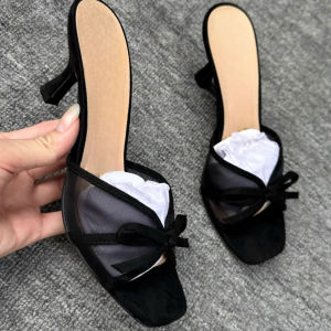 [Free Shipping] 2025 New Womens Shoes Black Bow High Heels Summer Open-Toe Sandals Thin Heel Slip-On Mules