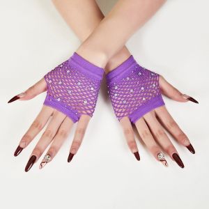 MODERNLUX Fishnet Design Rhinestone Gloves Shiny Decor Style Fingerless Gloves Cosplay Gloves Short Gloves Party Performance