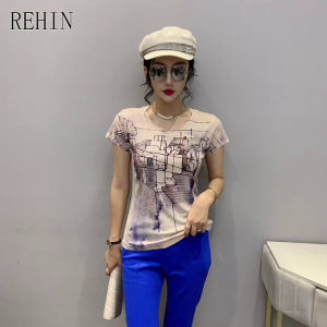 REHIN Womens top 2022 summer new fashion unique print short-sleeved T-shirt bottoming shirt S-3XL slim fit blouse