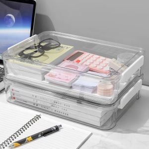 CHENJIE Transparent A4 Stackable Storage Box Plastic Stackable File Storage Box Durable Paper Organizer A4 Data Sorting Box for Organizing A4 File Paper