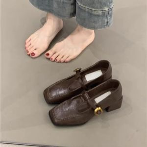 IELGY French vintage square toe block heels womens Korea high heels Mary Jane leather shoes
