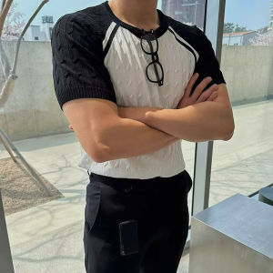Mens Round Neck Short Sleeve Knit Shirt Summer Thin Loose Trendy Design Color Block Raglan Sleeve t T-shirt with Twill Pattern