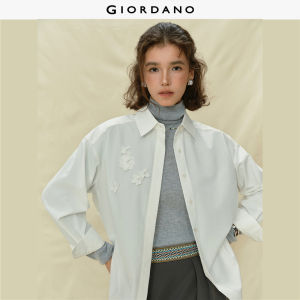 Giordano Women Woven Long-Sleeve Shirt with Invisible Placket & 3D Appliqués Free Shipping 18345829
