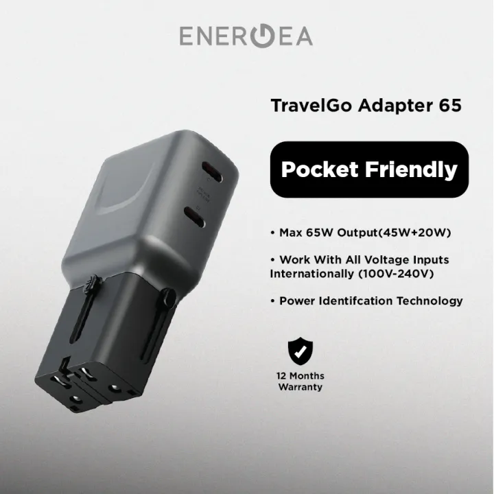 ENERGEA TravelGo Adapter 65 2C 65W - 2C Ultra Portable Travel Adapter with Interchangeable Plugs - Gunmetal