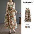 PM✿ Summer loose floral suspender dress women retro vacation mid-length dress. 